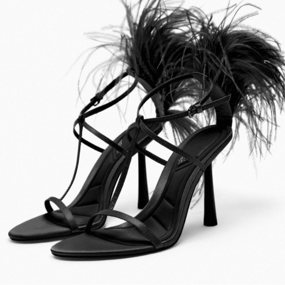 NWOT Zara Black Feather Embellished Heels